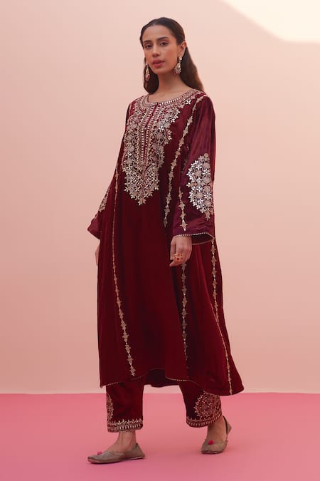 Angad Singh_Maroon Velvet, Crepe Embroidery Choga Pant Set _Online_at_Aza_Fashions