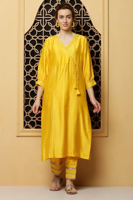 Kefi Collections_Yellow Silk, Chanderi, Organza Embroidery, Cut Work V-neck Angana Angrakha Set_Online_at_Aza_Fashions