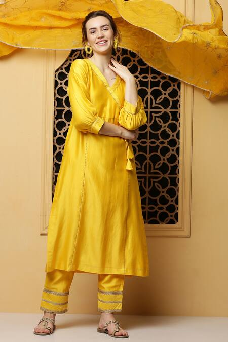 Buy_Kefi Collections_Yellow Silk, Chanderi, Organza Embroidery, Cut Work V-neck Angana Angrakha Set