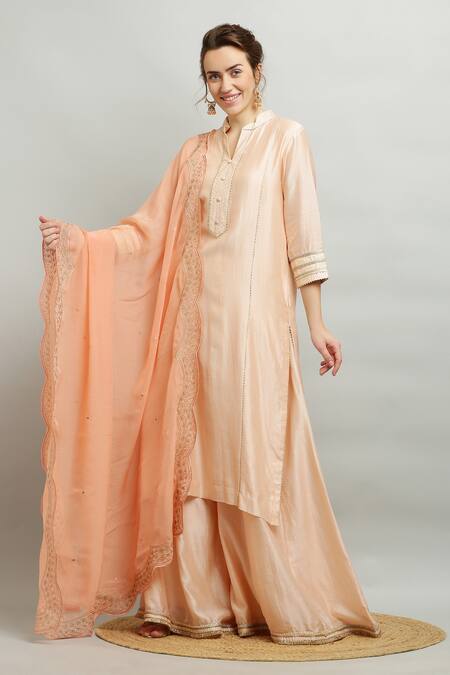 Kefi Collections_Peach Silk, Chanderi, Organza Embroidery Mandarin Anjila Kurta Sharara Set_Online_at_Aza_Fashions
