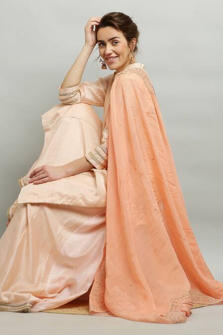 Buy_Kefi Collections_Peach Silk, Chanderi, Organza Embroidery Mandarin Anjila Kurta Sharara Set_Online_at_Aza_Fashions