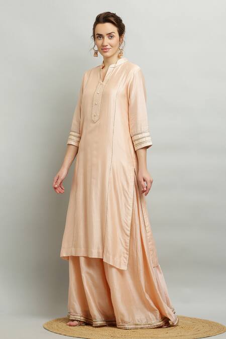 Shop_Kefi Collections_Peach Silk, Chanderi, Organza Embroidery Mandarin Anjila Kurta Sharara Set_Online_at_Aza_Fashions