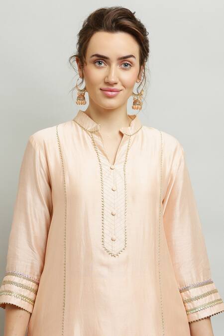 Kefi Collections_Peach Silk, Chanderi, Organza Embroidery Mandarin Anjila Kurta Sharara Set_at_Aza_Fashions