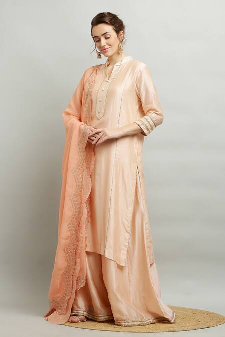 Buy_Kefi Collections_Peach Silk, Chanderi, Organza Embroidery Mandarin Anjila Kurta Sharara Set