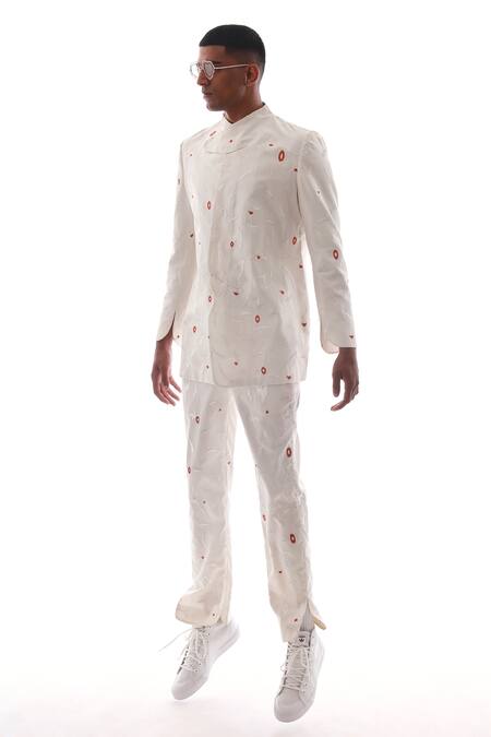 Shop_Antar Agni_Ivory Cotton, Silk Embroidery Wing Pattern Shacket _Online_at_Aza_Fashions