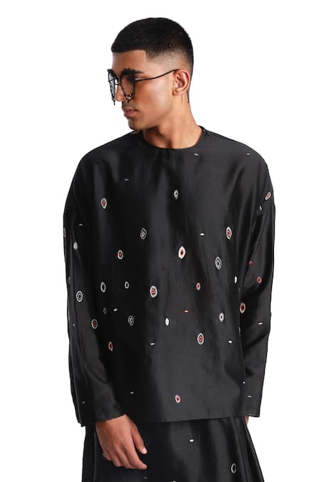 Shop_Antar Agni_Black Cotton, Silk Embroidery Cluster Blob T-shirt _Online_at_Aza_Fashions