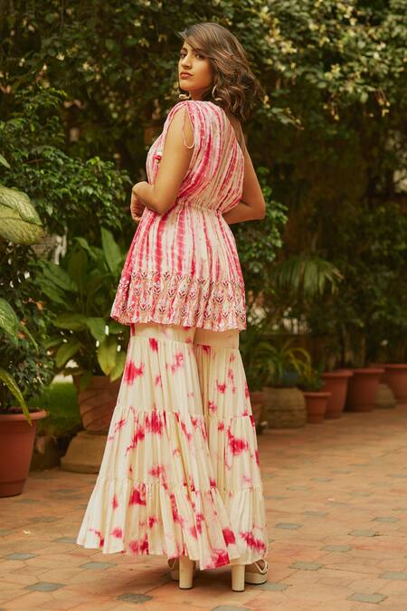 Buy_Anu Pellakuru_Pink Muslin Silk Sequin, Thread, Gota And Bead Work, Tie-dye Kurta And Sharara Set_Online_at_Aza_Fashions