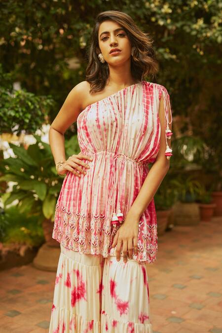 Shop_Anu Pellakuru_Pink Muslin Silk Sequin, Thread, Gota And Bead Work, Tie-dye Kurta And Sharara Set_Online_at_Aza_Fashions