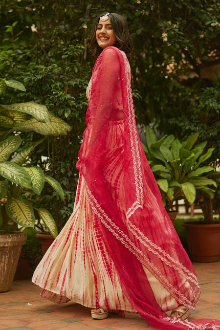 Shop_Anu Pellakuru_Pink Cutdana, Sequin, Thread, Gota And Pearl Work V Tie-dye Pleated Lehenga Set_Online_at_Aza_Fashions