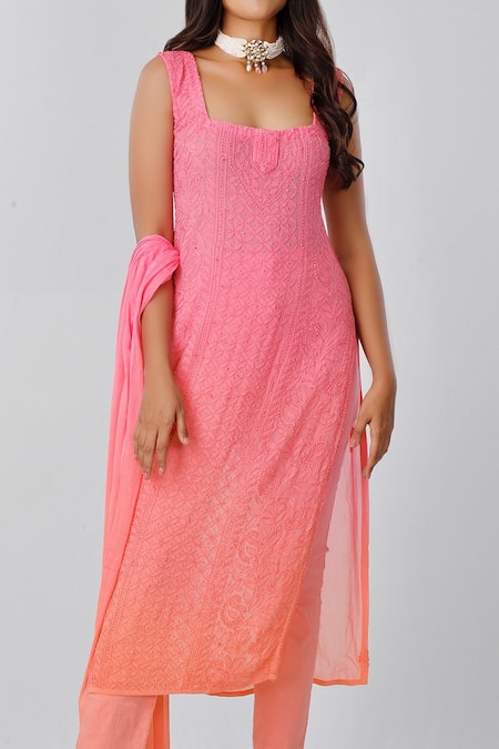 Buy_LABEL AISHWARYRIKA_Pink Georgette And Chiffon Chikankari Resham Apricot Ombre Embroidered Kurta Set _Online_at_Aza_Fashions
