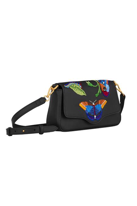 Aranyani_Black Hand Embroidered Leather Butterfly Crossbody Bag_Online_at_Aza_Fashions