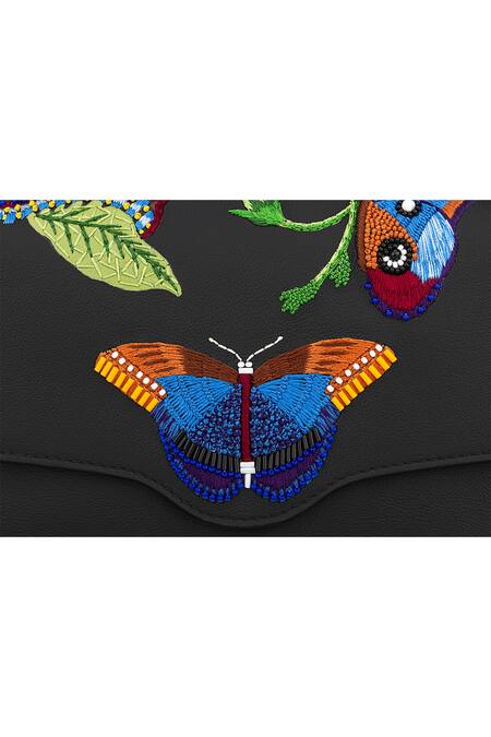 Shop_Aranyani_Black Hand Embroidered Leather Butterfly Crossbody Bag_Online_at_Aza_Fashions