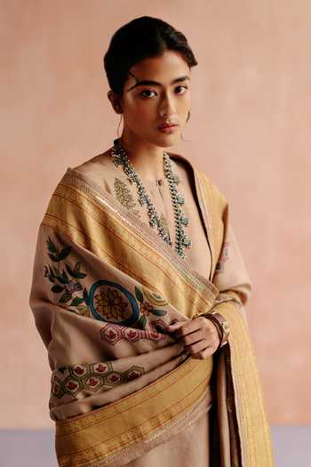 Shop_Archana Jaju_Beige Silk, Handloom Cotton Embroidery Floral Hand Painted Kalamkari Kurta Set_Online_at_Aza_Fashions