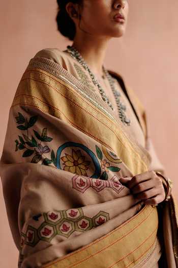 Archana Jaju_Beige Silk, Handloom Cotton Embroidery Floral Hand Painted Kalamkari Kurta Set_at_Aza_Fashions