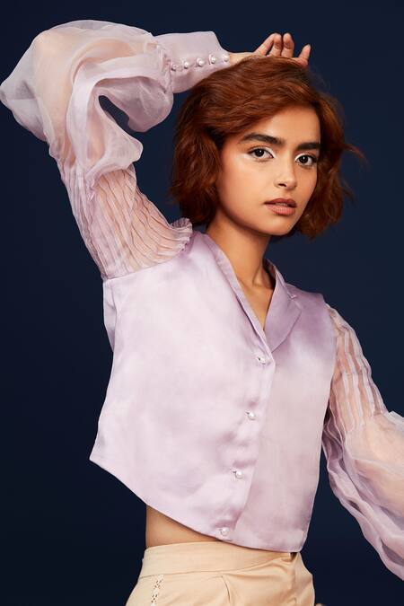Shop Archana Rao Purple Organza Collared Crop Top Online at Aza Fashions Shop_Archana Rao_Purple Organza Collared Crop Top _Online_at_Aza_Fashions