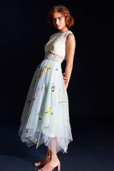 Archana Rao Blue Tulle Embroidered Pearl Round Corset Dress Online at Aza Fashions Archana Rao_Blue Tulle Embroidered Pearl Round Corset Dress _Online_at_Aza_Fashions