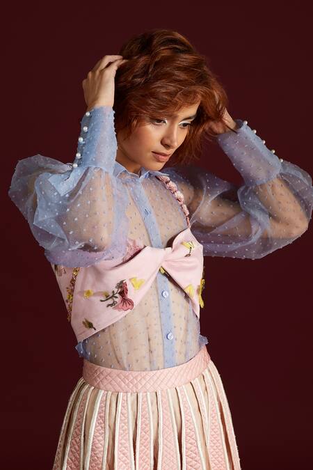 Archana Rao Blue Organza Embroidery Collared Button Down Shirt Online at Aza Fashions Archana Rao_Blue Organza Embroidery Collared Button Down Shirt _Online_at_Aza_Fashions