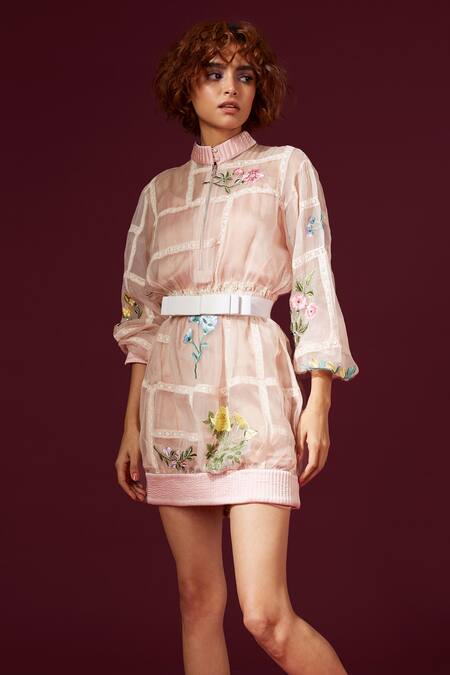 Archana Rao_Pink Tulle Embroidered Botanical Stand Bomber Dress With Bow Belt  _Online_at_Aza_Fashions