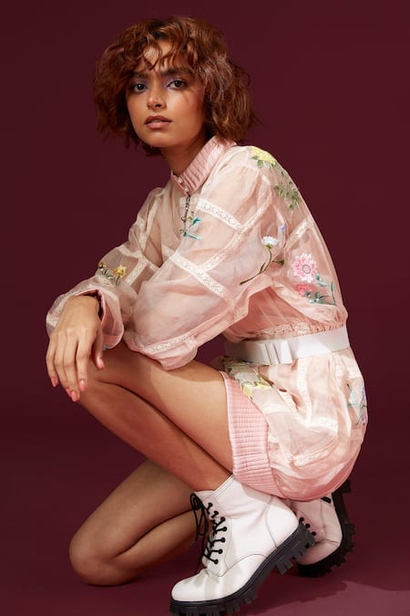 Shop_Archana Rao_Pink Tulle Embroidered Botanical Stand Bomber Dress With Bow Belt  _Online_at_Aza_Fashions
