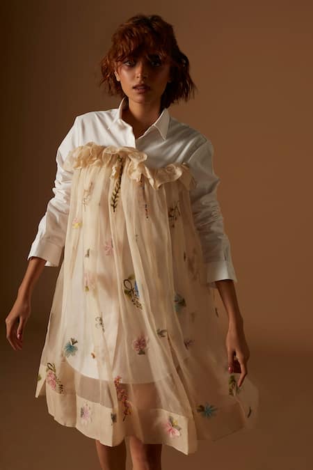 Archana Rao White Shirt Dress Poplin Embroidered Pressed Flowers With Overlay Online at Aza Fashions Archana Rao_White Shirt Dress Poplin Embroidered Pressed Flowers With Overlay _Online_at_Aza_Fashions
