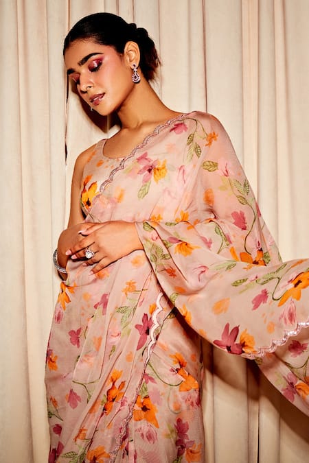 Dohr India Beige Organza, Silk Cut Work Spring Pre-draped Saree Online at Aza Fashions Dohr India_Beige Organza, Silk Cut Work Spring Pre-draped Saree _Online_at_Aza_Fashions