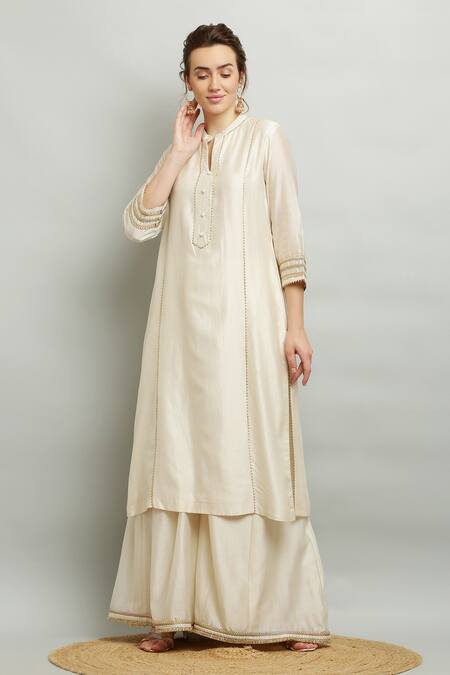 Kefi Collections_Ivory Silk, Chanderi, Organza Embroidery Mandarin Arneek Kurta Sharara Set_Online_at_Aza_Fashions