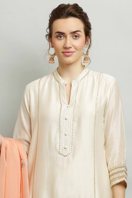 Shop_Kefi Collections_Ivory Silk, Chanderi, Organza Embroidery Mandarin Arneek Kurta Sharara Set_Online_at_Aza_Fashions