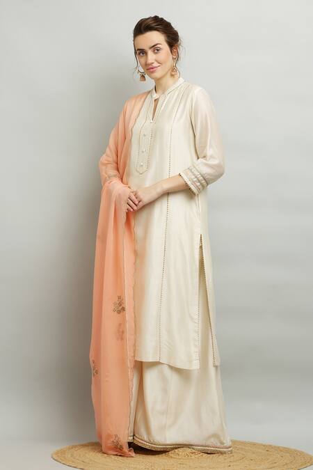 Kefi Collections_Ivory Silk, Chanderi, Organza Embroidery Mandarin Arneek Kurta Sharara Set_at_Aza_Fashions