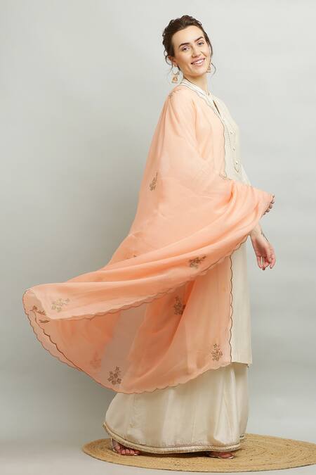 Buy_Kefi Collections_Ivory Silk, Chanderi, Organza Embroidery Mandarin Arneek Kurta Sharara Set