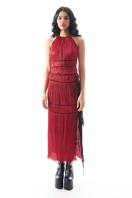 Aroka_Red Modal, Satin Ruched Skirt_Online_at_Aza_Fashions