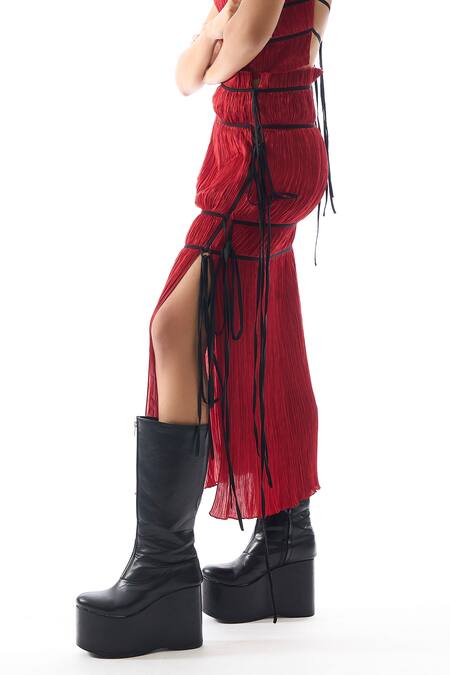 Buy_Aroka_Red Modal, Satin Ruched Skirt_Online_at_Aza_Fashions