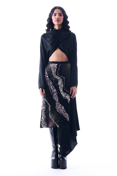 Aroka_Black Velvet Embroidery Stargaze Asymmetric Skirt_Online_at_Aza_Fashions