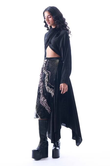 Buy_Aroka_Black Velvet Embroidery Stargaze Asymmetric Skirt_Online_at_Aza_Fashions
