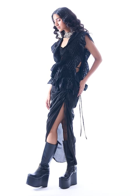 Aroka Black Modal, Satin Cirrus Drawstring Detailed Skirt Online at Aza Fashions Aroka_Black Modal, Satin Cirrus Drawstring Detailed Skirt _Online_at_Aza_Fashions