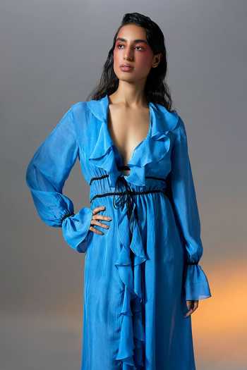 Buy_Aroka_Blue Flat Chiffon Plain Ruffle Collar Jacket _Online_at_Aza_Fashions