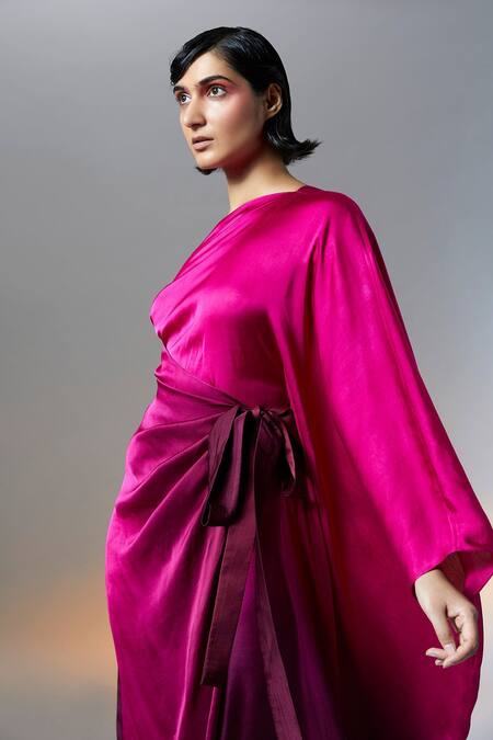 Aroka_Pink Modal, Satin One Shoulder Ombre Draped Kaftan Dress_Online_at_Aza_Fashions