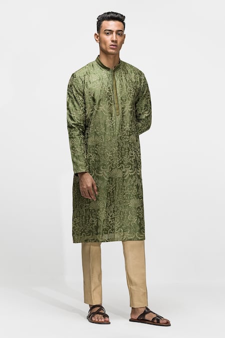 Shop_Asuka_Green Chanderi Silk Embroidery Botanical Kurta Set _Online_at_Aza_Fashions
