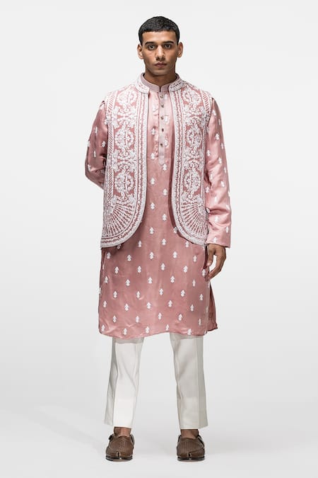 Shop_Asuka_Pink Velvet, Satin Embroidery Floral Dori Work Bundi And Kurta Set _Online_at_Aza_Fashions