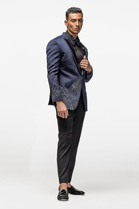 Buy_Asuka_Blue Woven Jacquard Embroidery Placement Blazer Set _Online_at_Aza_Fashions