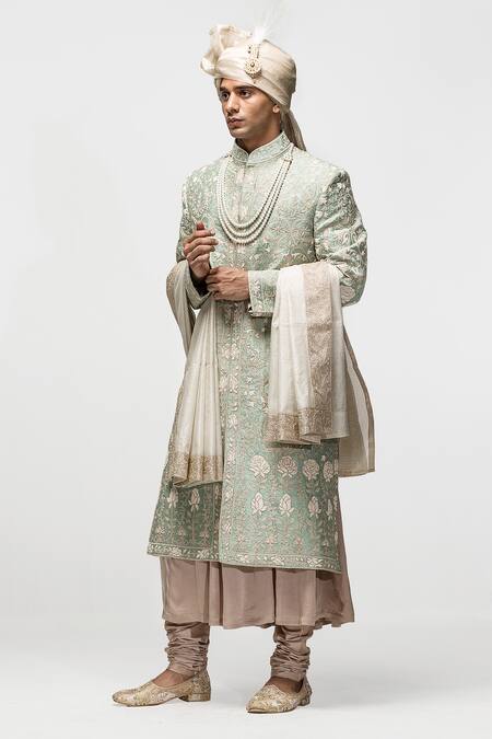 Buy_Asuka_Green Silk Diamonds, Embroidery Raw Sherwani Set _Online_at_Aza_Fashions
