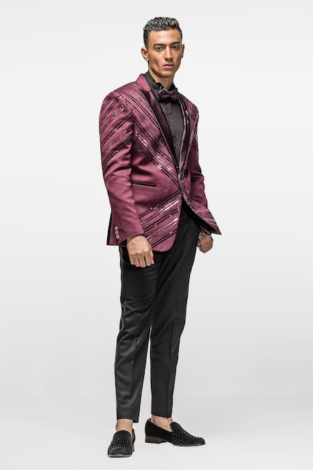 Buy_Asuka_Wine Woven Jacquard Embroidery Metallic Stripe Pattern Blazer And Trouser Set _Online_at_Aza_Fashions