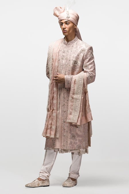 Buy_Asuka_Pink Silk Diamonds, Embroidery, Cut Work Dori Raw Sherwani Set _Online_at_Aza_Fashions