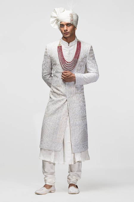 Buy_Asuka_Ivory Silk Cut Work, Embroidery Resham Sherwani Set _Online_at_Aza_Fashions