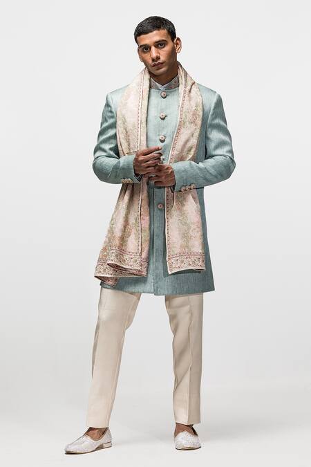 Asuka_Blue Jersey Embroidery Jute Silk Achkan Set _at_Aza_Fashions