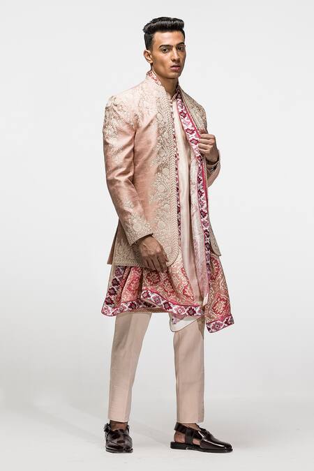 Asuka_Pink Silk Embroidery Floral Bandhgala Set _at_Aza_Fashions