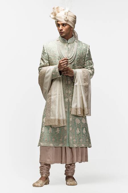 Shop_Asuka_Green Silk Diamonds, Embroidery Raw Sherwani Set _Online_at_Aza_Fashions