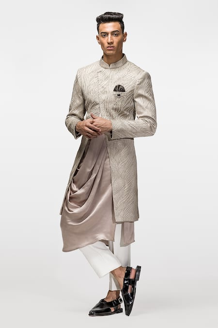 Buy_Asuka_Grey Wool, Satin Embroidery, Beads, Diamonds, Sequins Front Slit Achkan Set _Online_at_Aza_Fashions