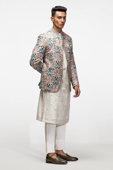 Buy_Asuka_Off White Chanderi Silk Embroidery Resham Floral Pattern Bandhgala Set _Online_at_Aza_Fashions