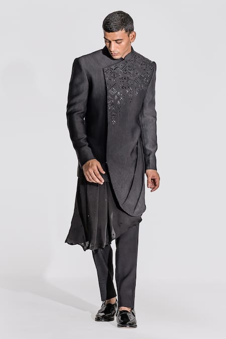 Shop_Asuka_Black Wool, Satin Embroidery Pintuck Achkan Set _Online_at_Aza_Fashions