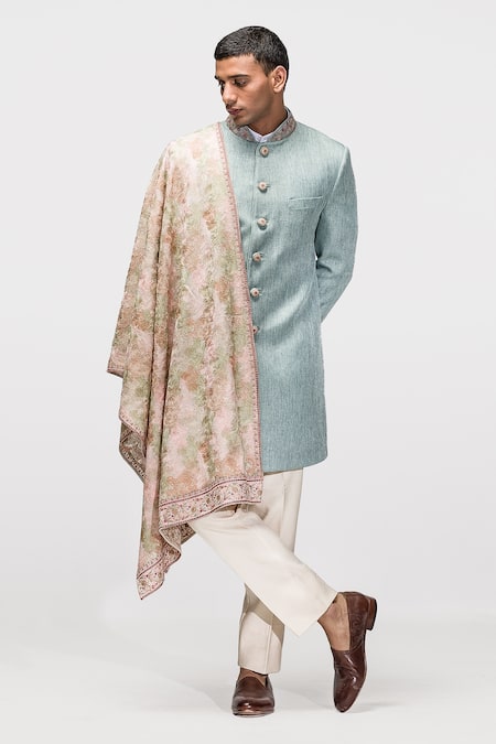 Shop_Asuka_Blue Jersey Embroidery Jute Silk Achkan Set _Online_at_Aza_Fashions